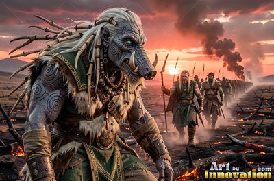 On a scorched battlefield, a tattooed orc man marches ahead of an army of warriors