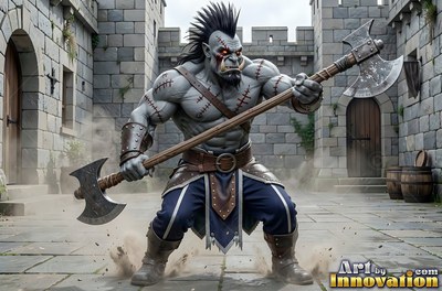 Gripping a double-bladed axe, a gray orc man crouches in a stone courtyard