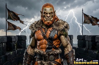 An orc man with orange hair stands on a rampart under lightning