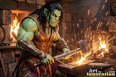 Wearing a leather vest, a green orc man strikes hot metal by a firelit stone forge