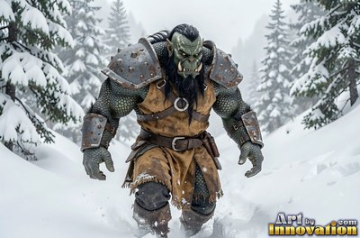 An armored orc man trudges through deep snow under flat white winter light