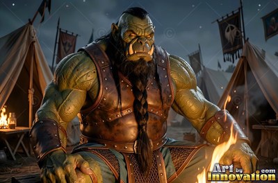 Sitting by a camp fire, a green orc man rests in leather armor outside tents