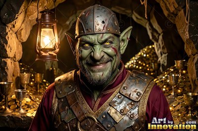 A grinning goblin man with green skin in rusty armor stands by piles of gold under lantern light