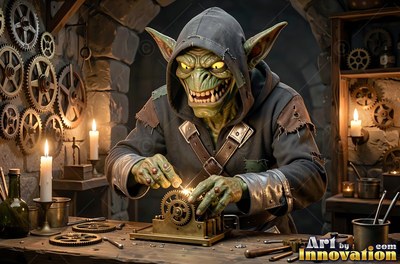 In a candlelit stone workshop, a grinning goblin man tinkers with brass gears