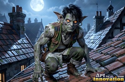 Crouching on tiled rooftops, a pale green goblin man peers ahead by moonlight