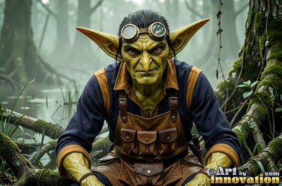 A goblin man with goggles sits in a brown leather apron in a swamp