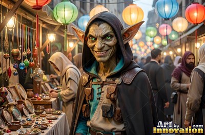 A dark hooded cloak covers a smiling goblin man standing in a crowded night market with hanging lanterns