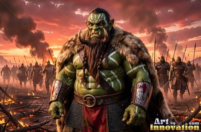 An orc man with green skin stands before his army under an orange sunset sky