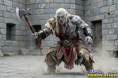 Crouching low in a stone courtyard, a pale orc man raises his axe