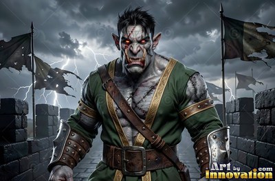 A scarred orc man in a green tunic stands on stone ramparts under lightning