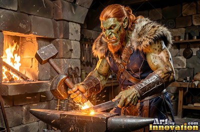 In a stone forge, a muscular green orc man hammers hot metal at an anvil