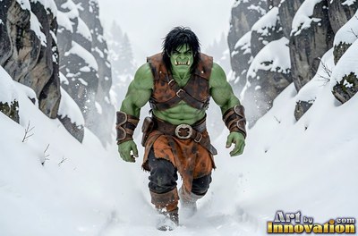 Walking through a snowy mountain pass, a green orc man wears leather armor