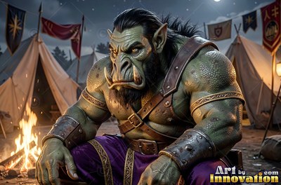 Muscular green-skinned orc man sitting by a campfire at night