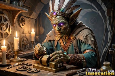 Feathered crown on his brow, an older goblin man builds gears by candlelight in a stone workshop
