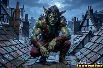 A green goblin man crouches on a tiled roof under cool moonlight