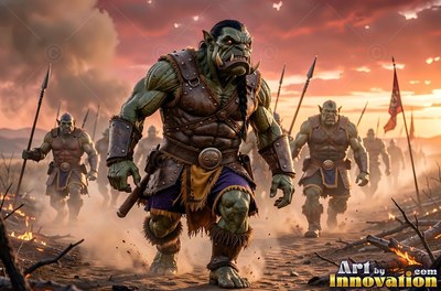 Walking forward across a dusty plain, a muscular orc man leads his army
