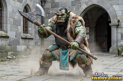 A green orc man in a fur coat crouches with a big axe in a courtyard