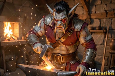 In a stone forge, a muscular orc man hammers hot metal on an anvil with sparks flying