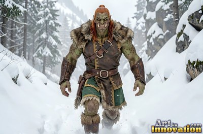 Walking through deep snow, a green orc man wears brown leather and fur along a mountain trail