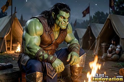 Muscular green-skinned orc man sitting by a campfire in a tent camp