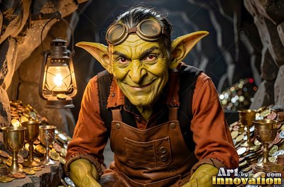 Goggles rest on the head of a smiling green goblin man sitting in a cave of gold coins