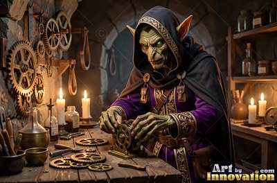 A hooded goblin man turns small brass gears at a desk lit by warm candlelight