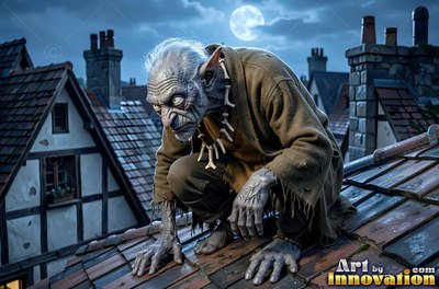 Crouched on a tiled roof at night, an elderly goblin man stalks in brown clothes