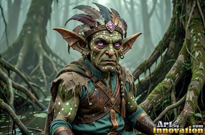 A goblin man wearing a feathered headband sits in a murky swamp