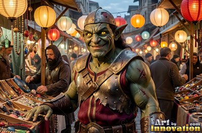 In a lantern-lit night market, a green goblin man smiles in armor