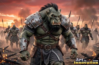 Marching through smoke, a green-skinned orc man leads soldiers across a field