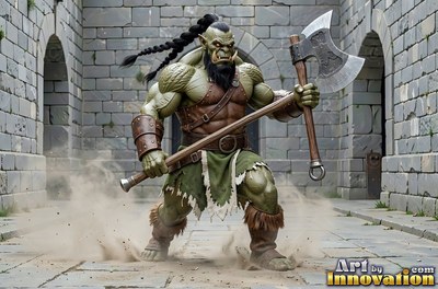 Muscular orc man with green skin holding a battle axe in a stone courtyard