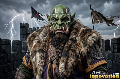 White painted stripes mark an orc man in a fur mantle on a castle wall under lightning