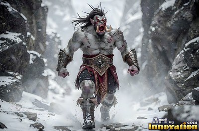 A scarred orc man charges through a snowy mountain pass in pale winter light