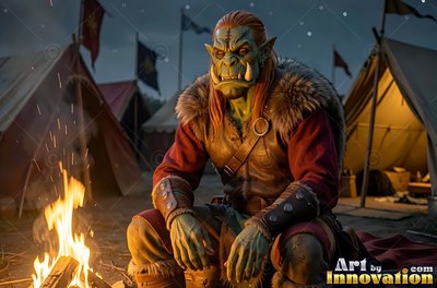 Seated hunched in a camp of tents, a green-skinned orc man warms by a fire