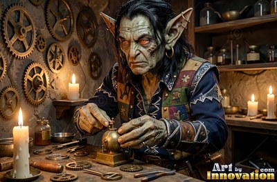 An older goblin man works on a small brass device by candlelight in his workshop