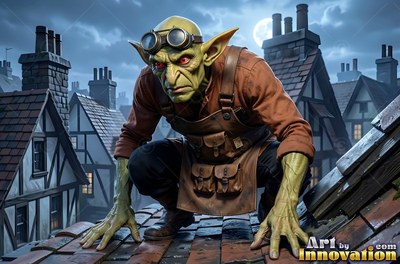 On a dark rooftop, a green-skinned goblin man crouches in goggles and a brown apron