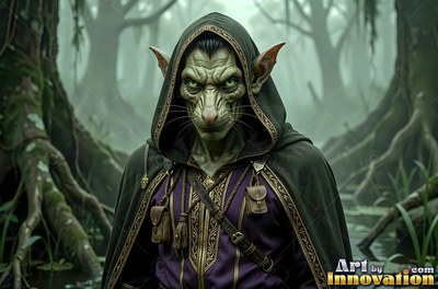 Staring ahead, a goblin man with green skin in a dark hood and purple tunic stands in a swamp