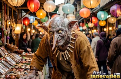 A grinning goblin man in brown robes at a market stall