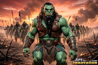 Wearing leather harness straps, a muscular orc man leads his army across a smoky battlefield at sunset
