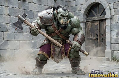 An orc man with green skin crouches with a two-handed battle axe in pale courtyard light