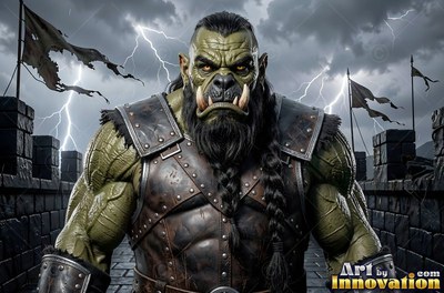 Facing forward on stone ramparts, a tusked orc man stands under stormy skies
