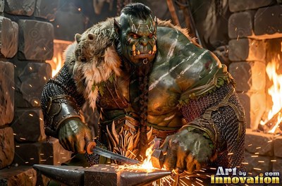 A green orc man hammers sparks from hot metal on an anvil in a forge