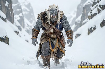 In a snowy mountain pass, a gray orc man walks forward in fur and leather clothes