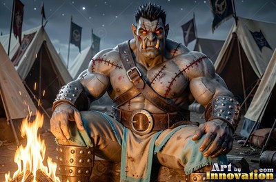 Sitting by a campfire, a scarred gray orc man rests in a war camp at night