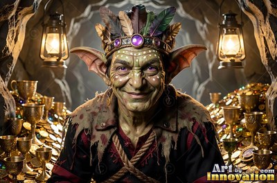A smiling green goblin man wearing a feather crown in a treasure cave
