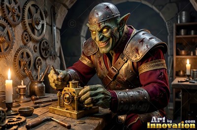 Wearing a metal skullcap, a green-skinned goblin man tinkers at a brass machine inside a workshop by candlelight