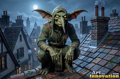 A goblin man crouches on a tiled roof under pale blue moonlight