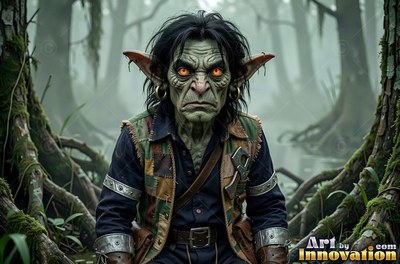 Facing forward in a murky swamp, a goblin man wears a patched vest
