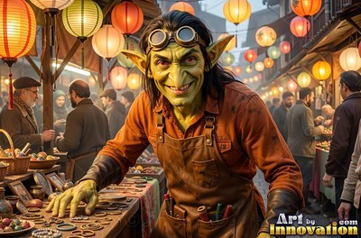 A grinning green goblin man in an apron leans over his market stall under lanterns