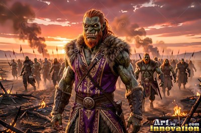 On a smoky battlefield, an orc man in purple robes leads his army at sunset